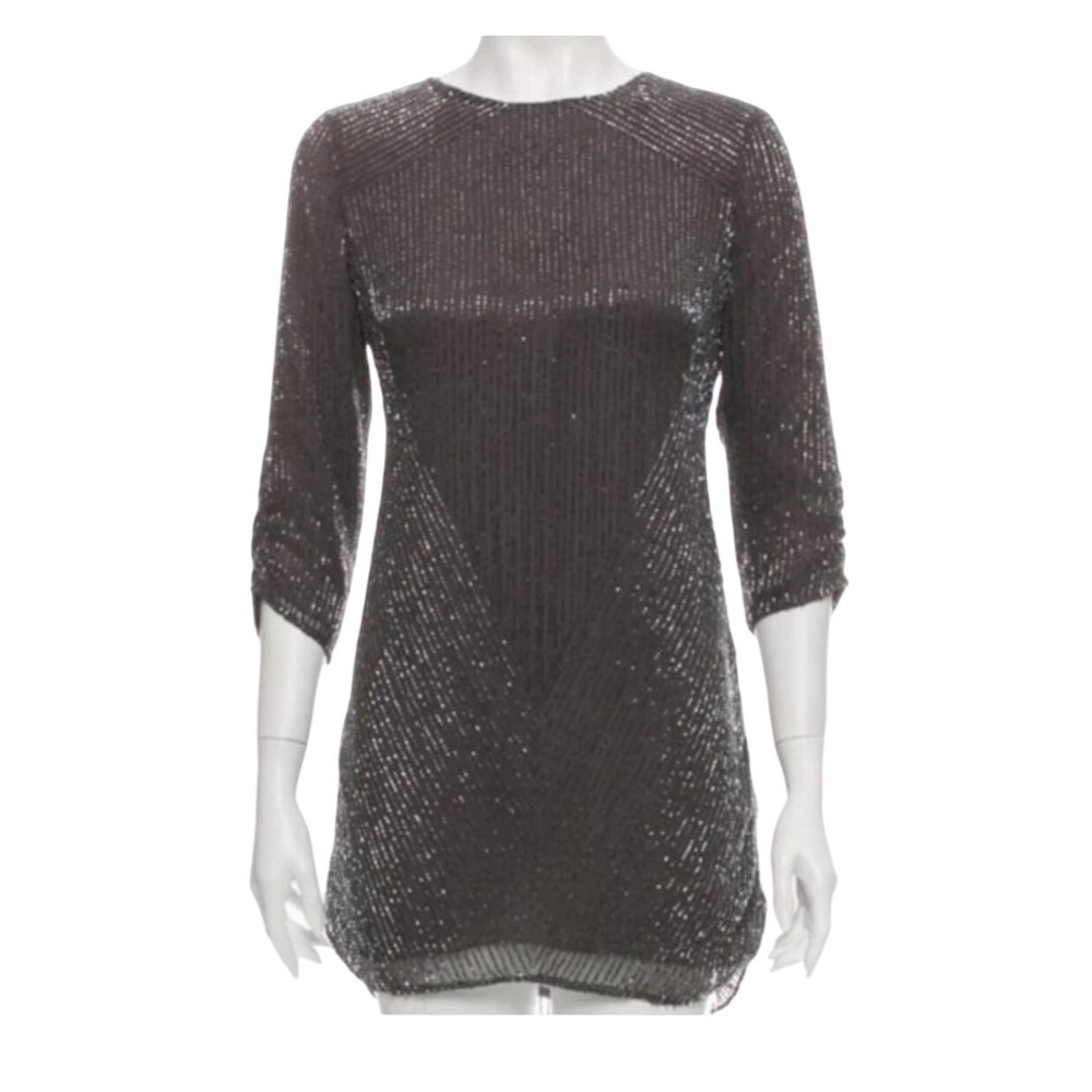Parker NWT Embellished Sequin Beaded Sheath Dress Silver Black XS